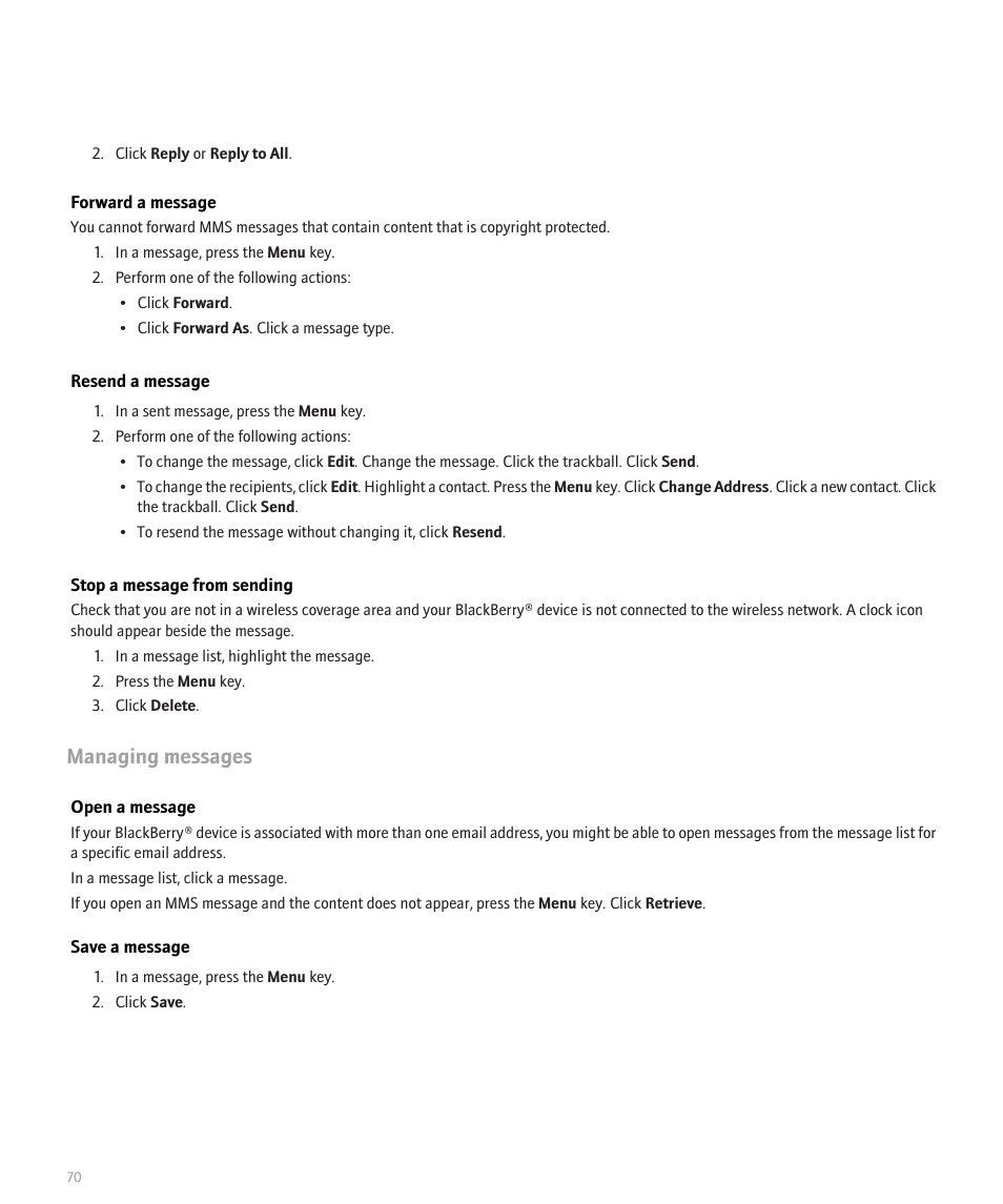 Managing messages | Blackberry Pearl 8100 User Manual | Page 72 / 283