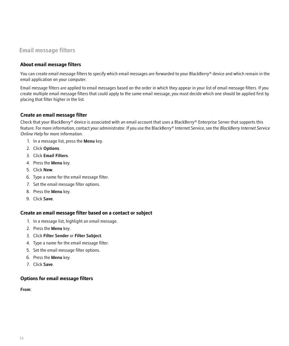 Email message filters | Blackberry Pearl 8100 User Manual | Page 76 / 283
