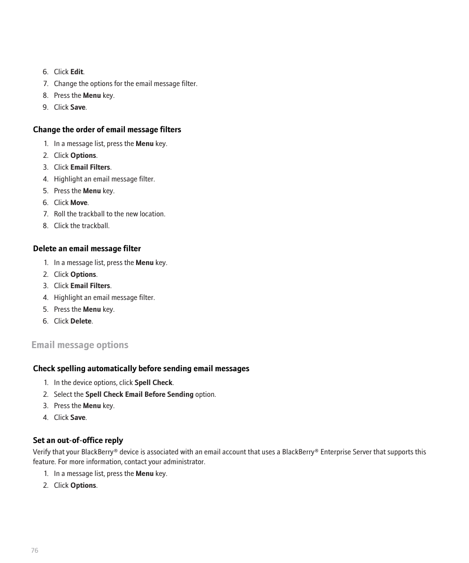 Email message options | Blackberry Pearl 8100 User Manual | Page 78 / 283