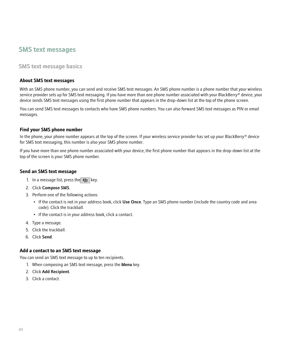Sms text messages, Sms text message basics | Blackberry Pearl 8100 User Manual | Page 82 / 283