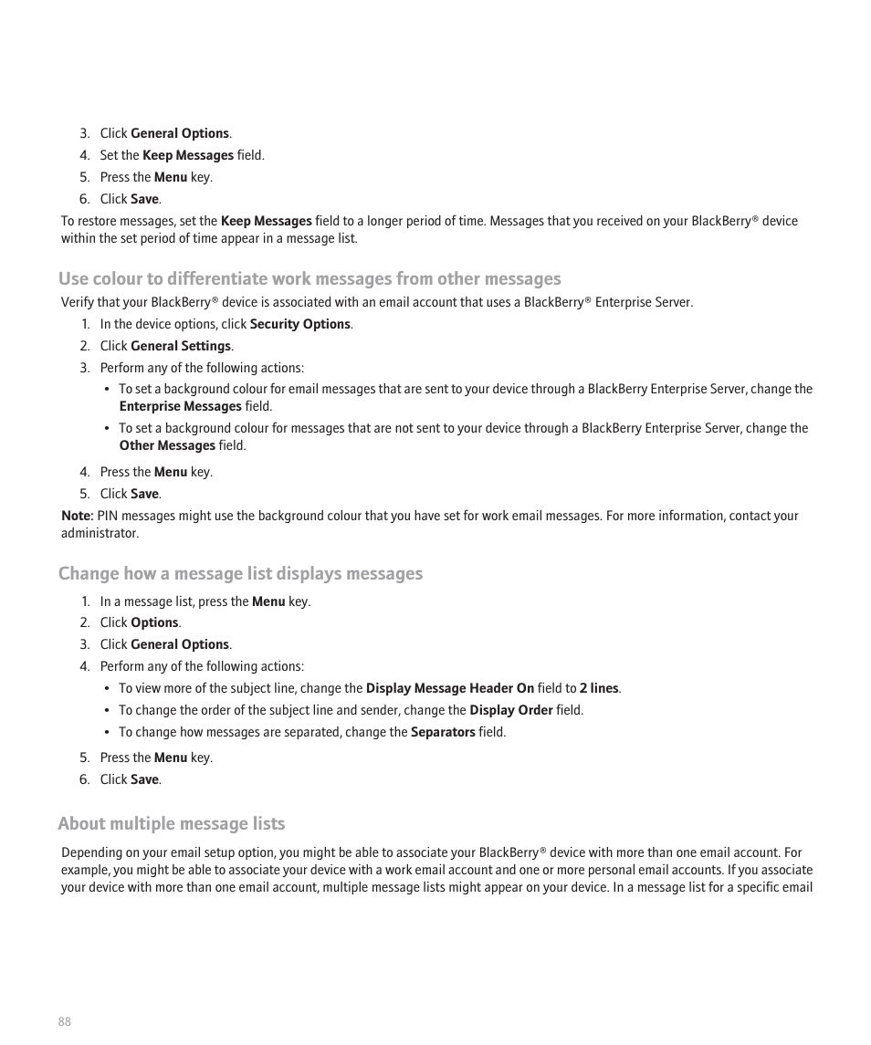 Change how a message list displays messages, About multiple message lists | Blackberry Pearl 8100 User Manual | Page 90 / 283