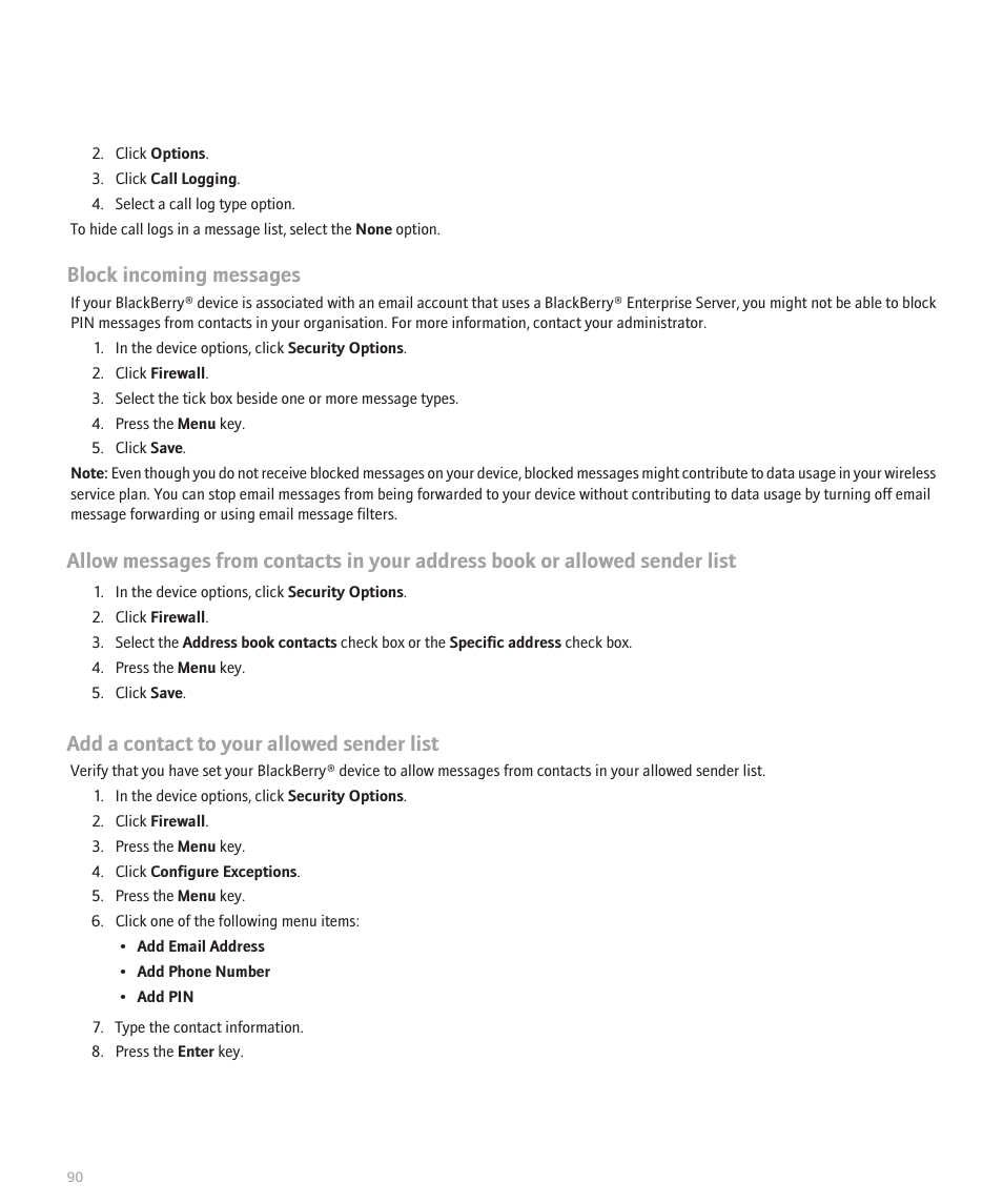 Block incoming messages, Add a contact to your allowed sender list | Blackberry Pearl 8100 User Manual | Page 92 / 283