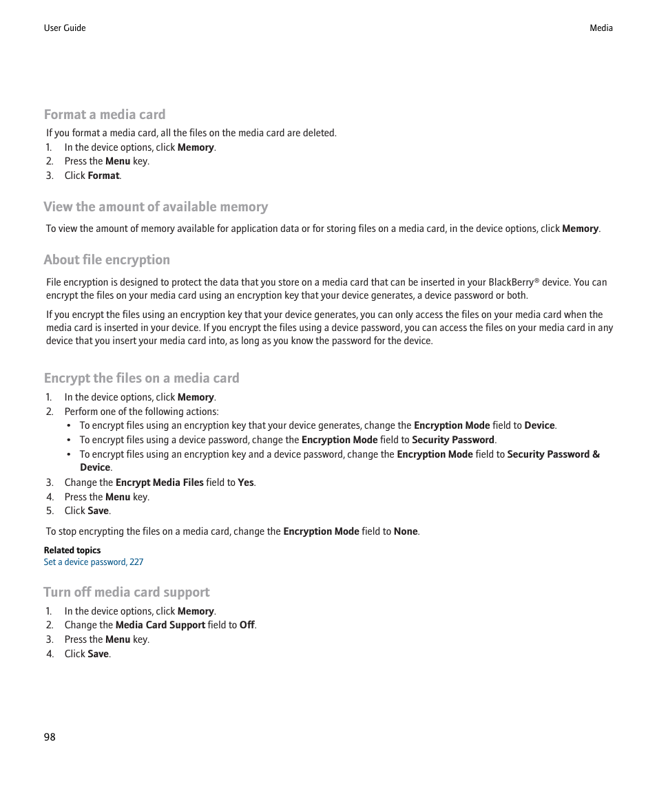 Format a media card, View the amount of available memory, About file encryption | Encrypt the files on a media card, Turn off media card support | Blackberry Pearl 8220 User Manual | Page 100 / 277