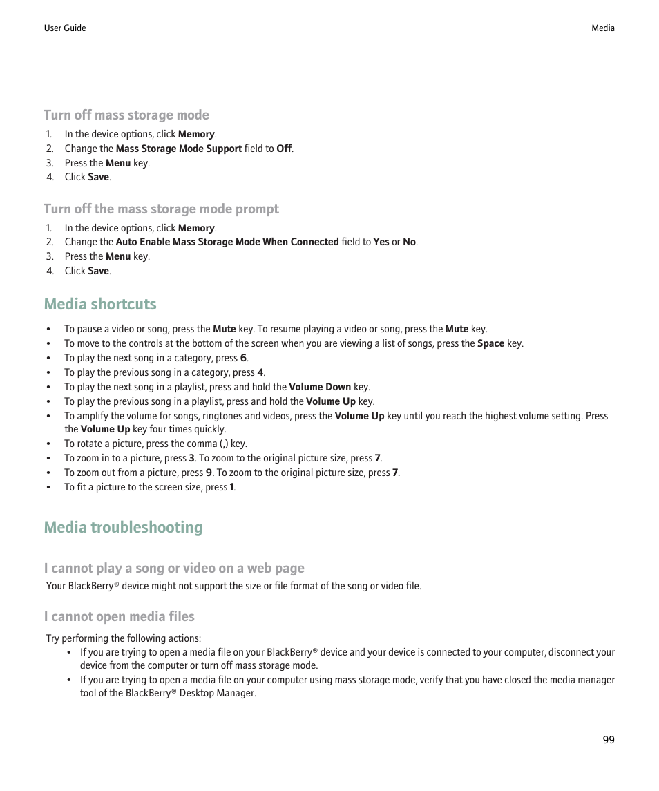 Media shortcuts, Media troubleshooting, Turn off mass storage mode | Turn off the mass storage mode prompt, I cannot play a song or video on a web page, I cannot open media files | Blackberry Pearl 8220 User Manual | Page 101 / 277