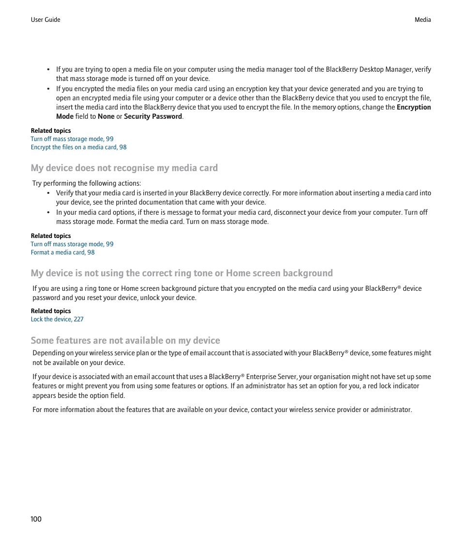 My device does not recognise my media card, Some features are not available on my device | Blackberry Pearl 8220 User Manual | Page 102 / 277