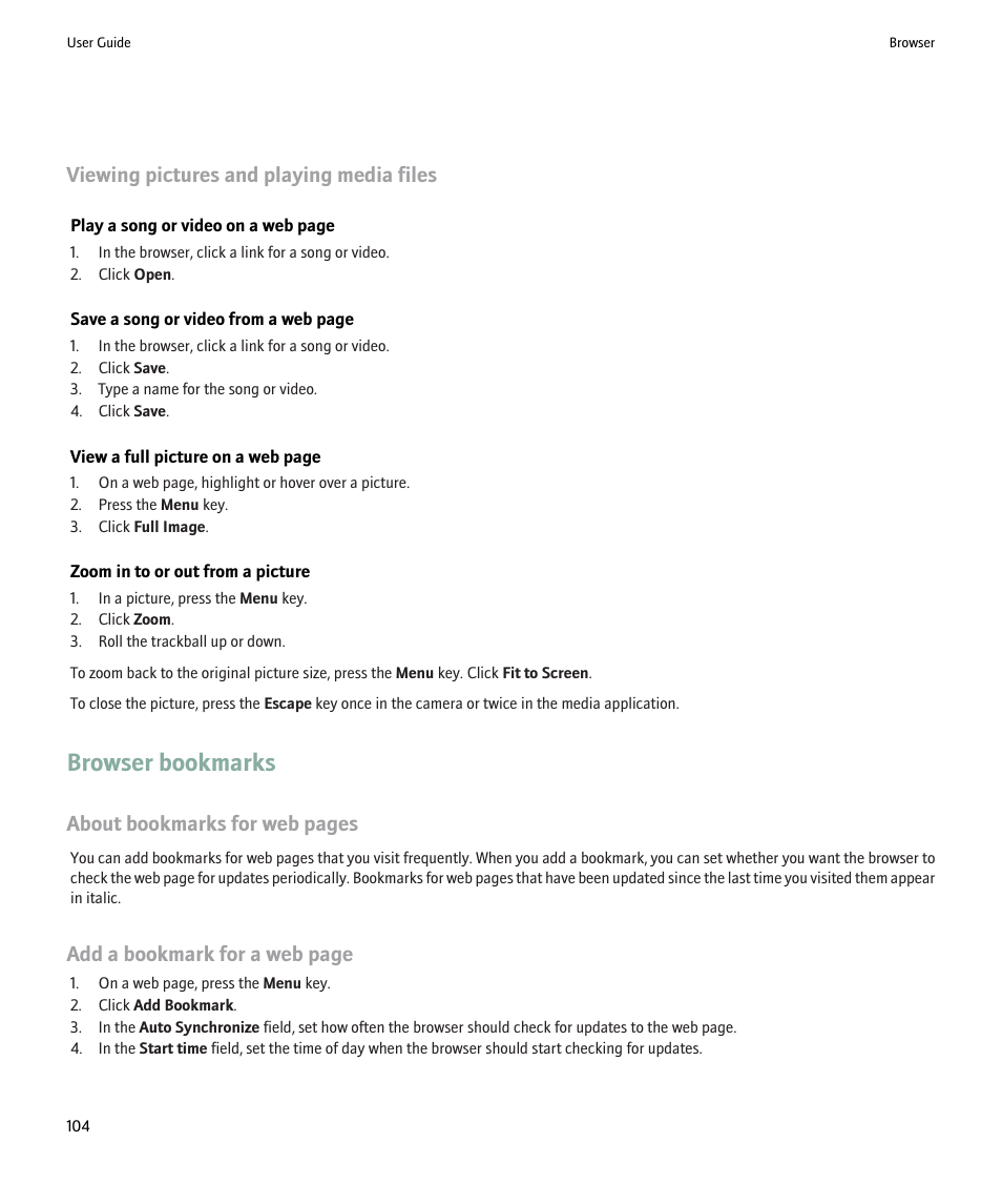 Browser bookmarks, Viewing pictures and playing media files, About bookmarks for web pages | Add a bookmark for a web page | Blackberry Pearl 8220 User Manual | Page 106 / 277