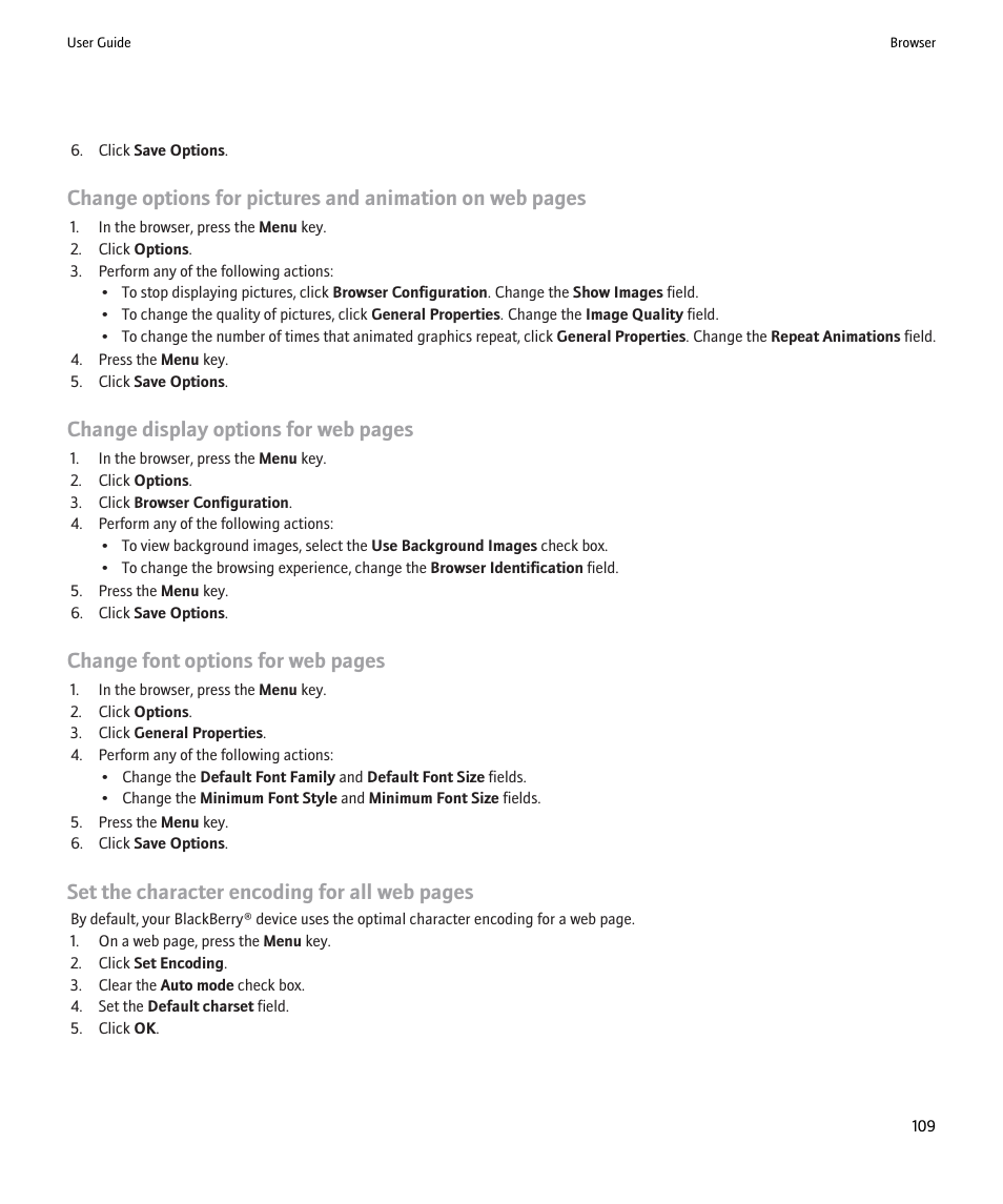 Change display options for web pages, Change font options for web pages, Set the character encoding for all web pages | Blackberry Pearl 8220 User Manual | Page 111 / 277