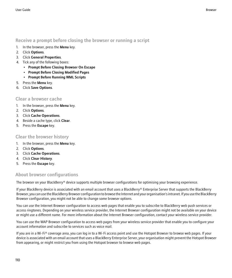 Clear a browser cache, Clear the browser history, About browser configurations | Blackberry Pearl 8220 User Manual | Page 112 / 277