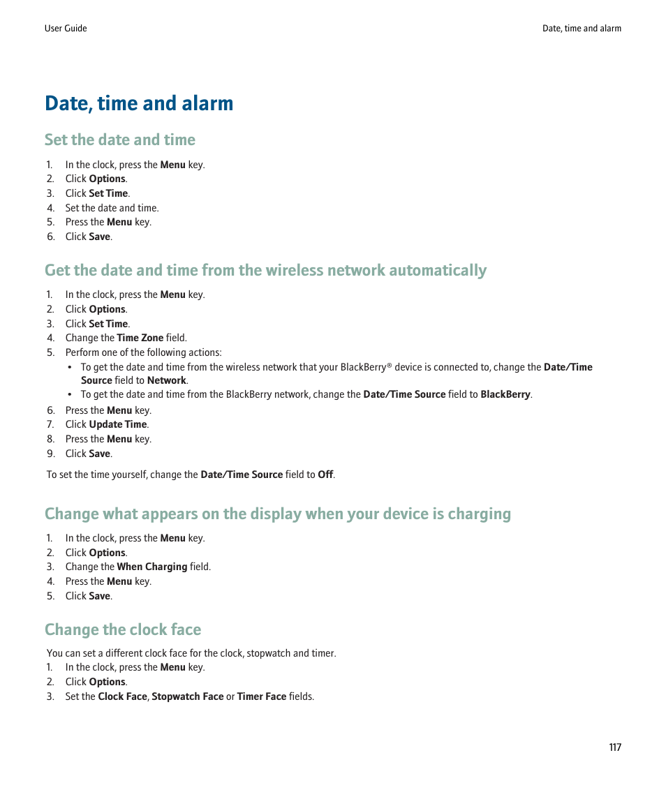 Date, time and alarm, Set the date and time, Change the clock face | Blackberry Pearl 8220 User Manual | Page 119 / 277