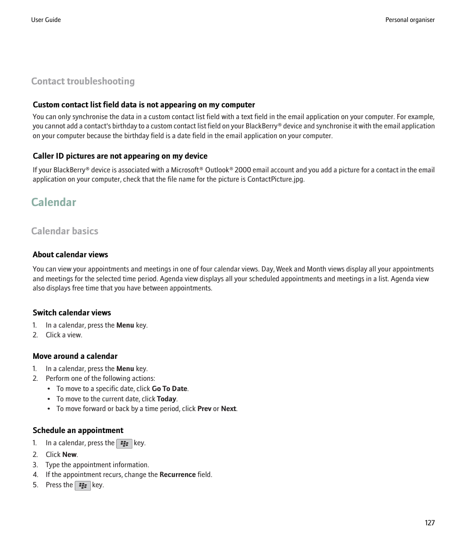Calendar, Contact troubleshooting, Calendar basics | Blackberry Pearl 8220 User Manual | Page 129 / 277