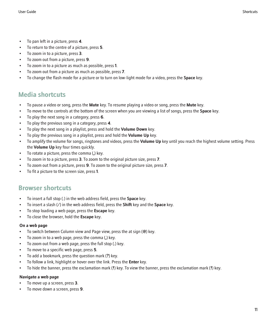 Media shortcuts, Browser shortcuts | Blackberry Pearl 8220 User Manual | Page 13 / 277