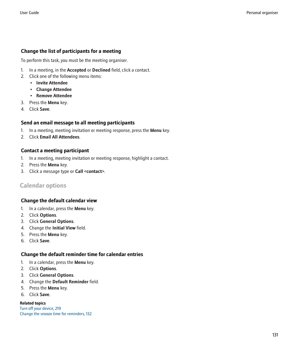 Calendar options | Blackberry Pearl 8220 User Manual | Page 133 / 277