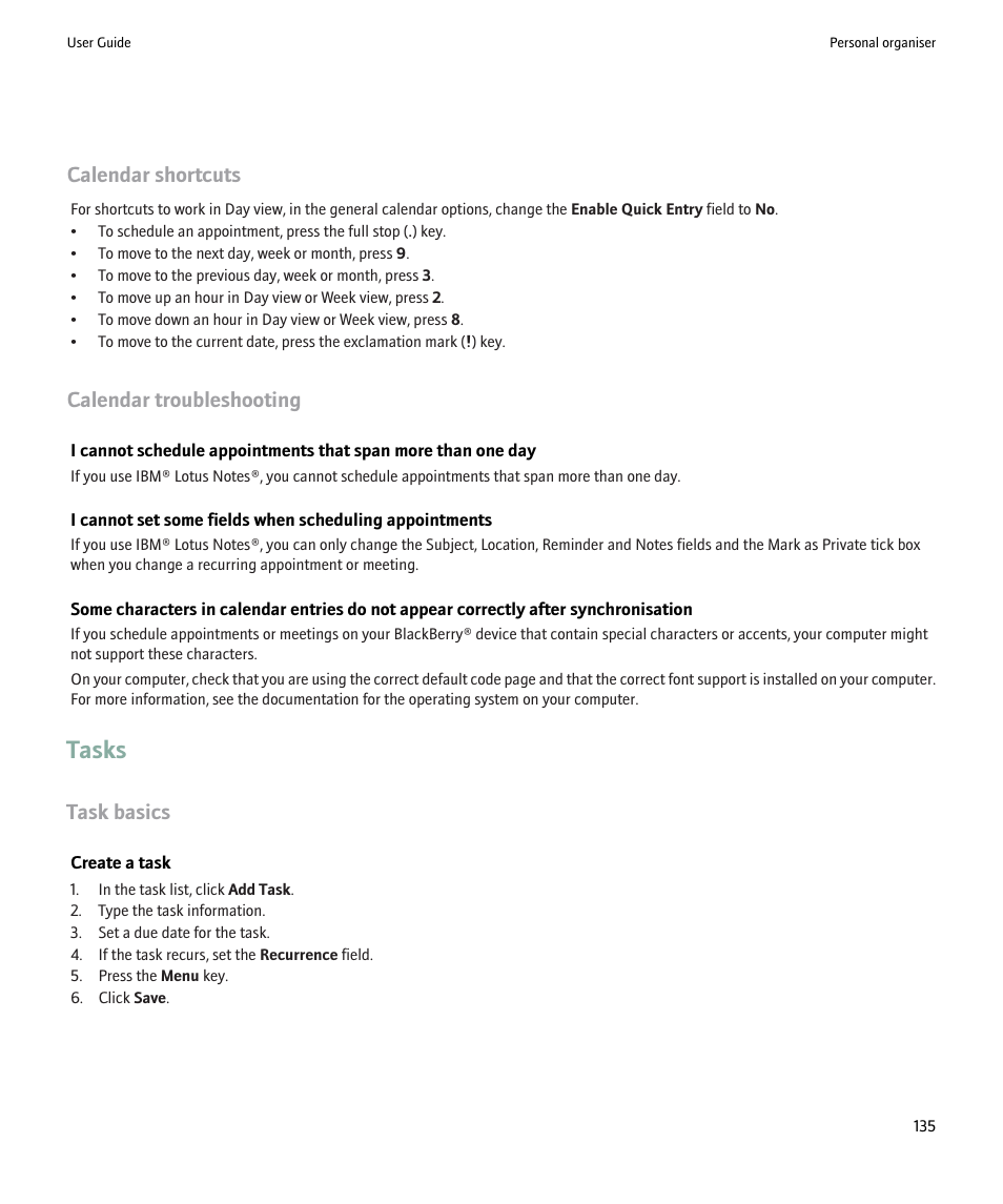Tasks, Calendar shortcuts, Calendar troubleshooting | Task basics | Blackberry Pearl 8220 User Manual | Page 137 / 277