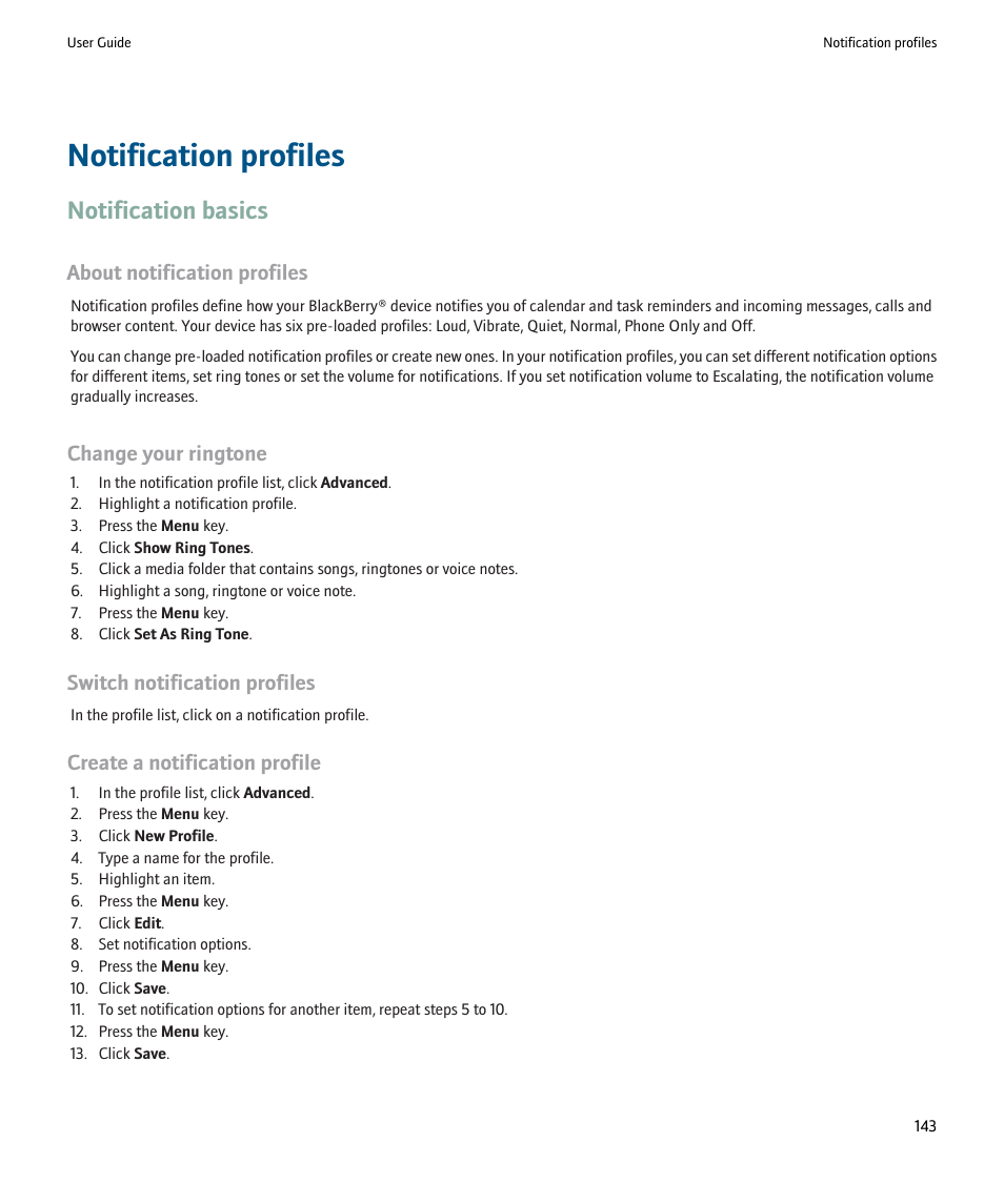 Notification profiles, Notification basics | Blackberry Pearl 8220 User Manual | Page 145 / 277