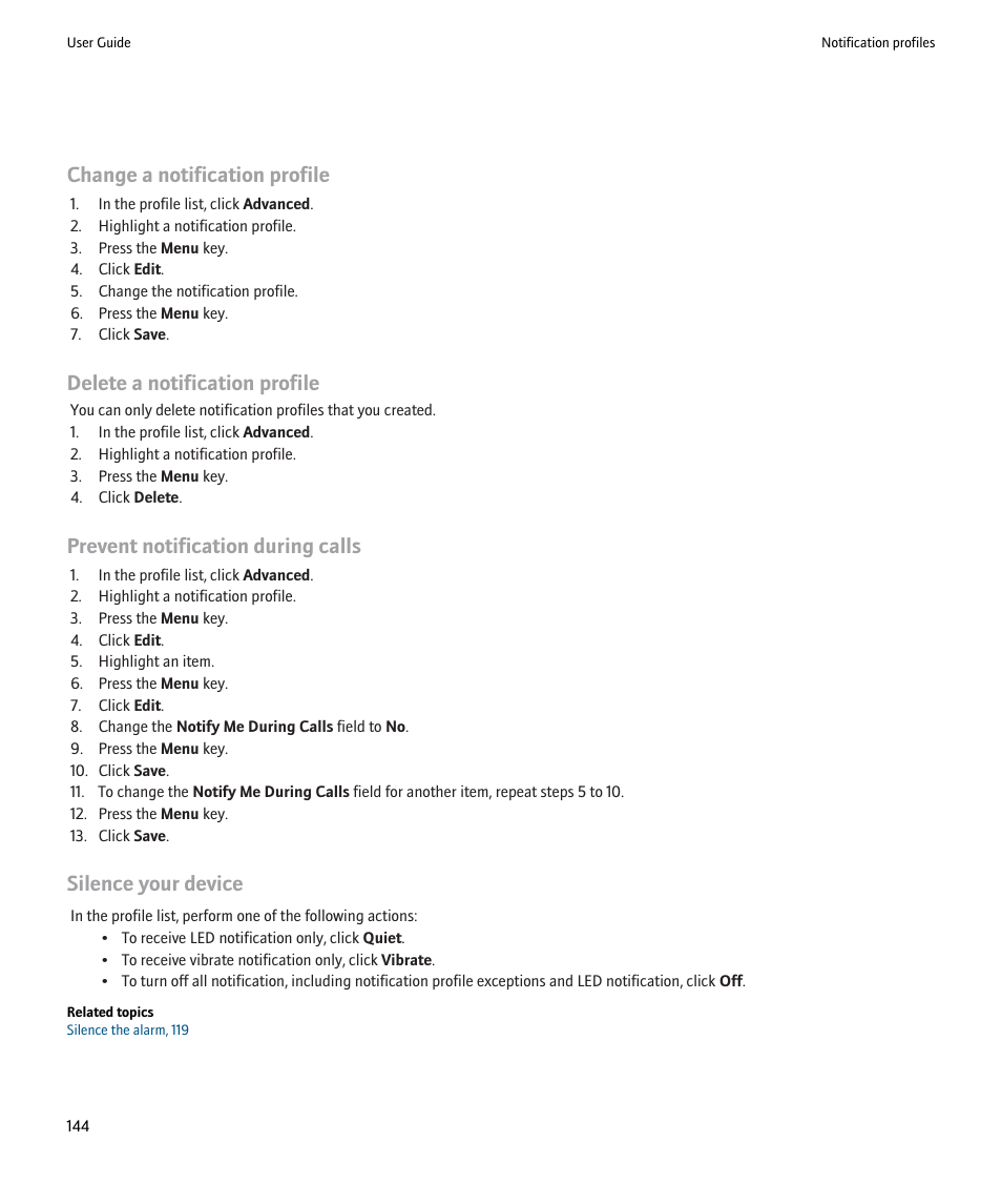 Change a notification profile, Delete a notification profile, Prevent notification during calls | Silence your device | Blackberry Pearl 8220 User Manual | Page 146 / 277