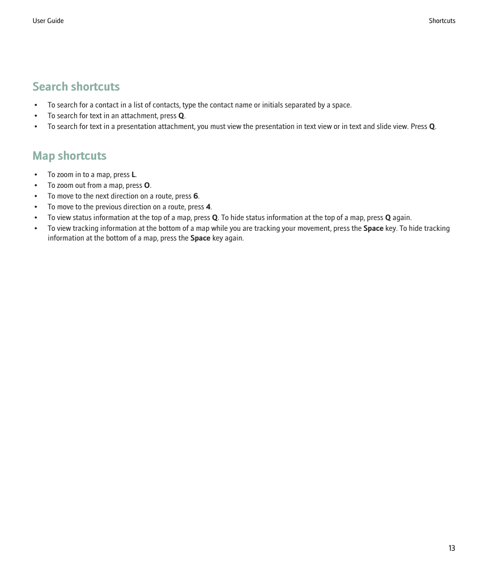 Search shortcuts, Map shortcuts | Blackberry Pearl 8220 User Manual | Page 15 / 277