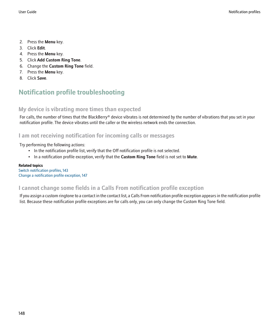 Notification profile troubleshooting, My device is vibrating more times than expected | Blackberry Pearl 8220 User Manual | Page 150 / 277