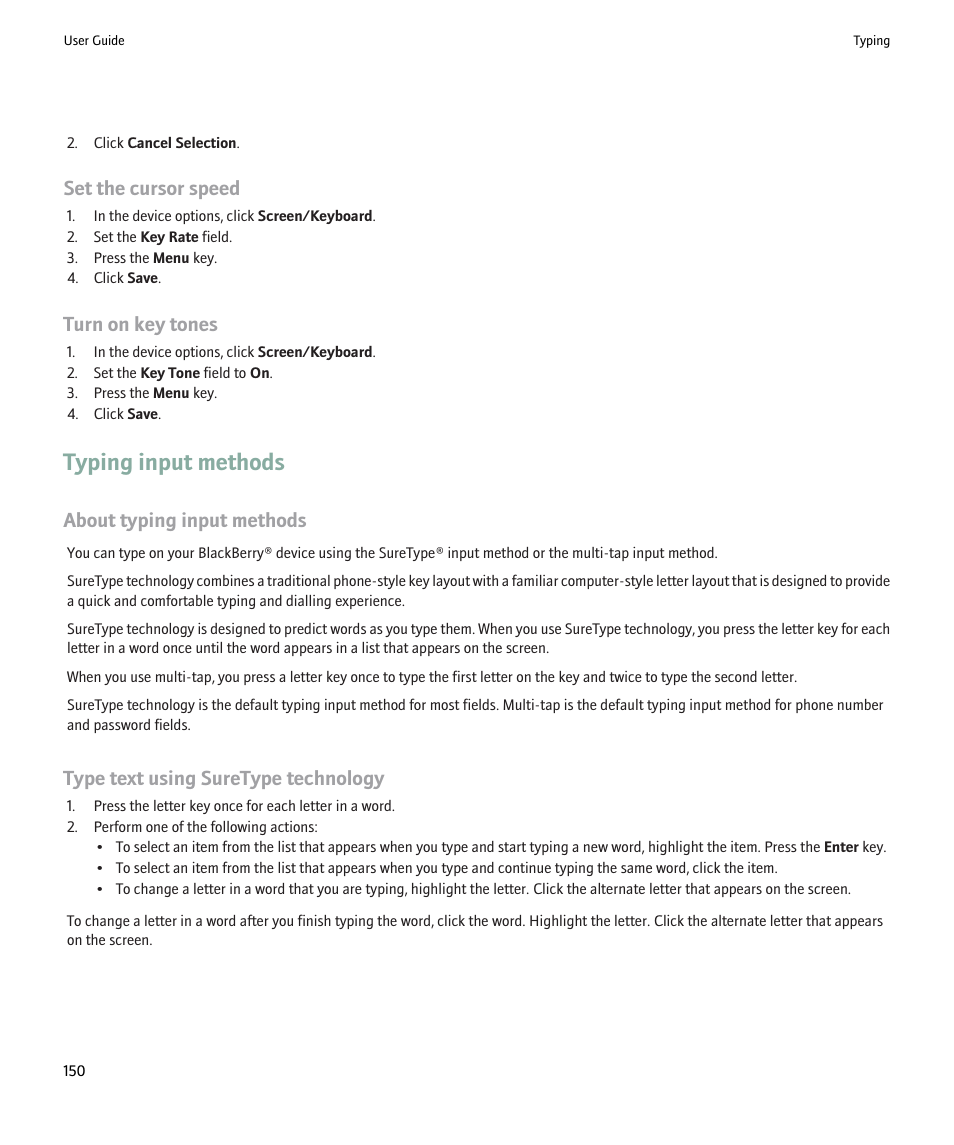 Typing input methods, Set the cursor speed, Turn on key tones | About typing input methods, Type text using suretype technology | Blackberry Pearl 8220 User Manual | Page 152 / 277