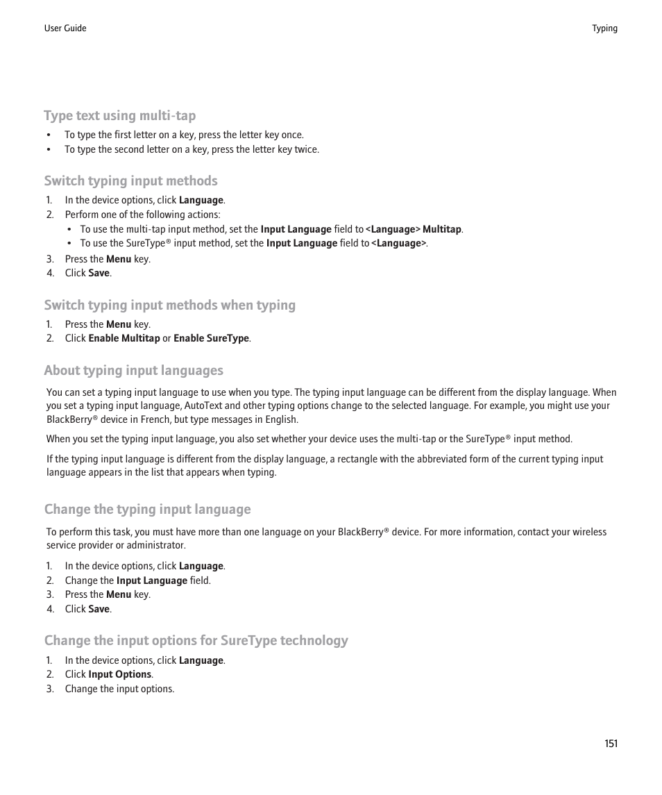 About typing input languages, Change the typing input language, Switch typing input methods | Change the input options for suretype technology, Type text using multi-tap, Switch typing input methods when typing | Blackberry Pearl 8220 User Manual | Page 153 / 277