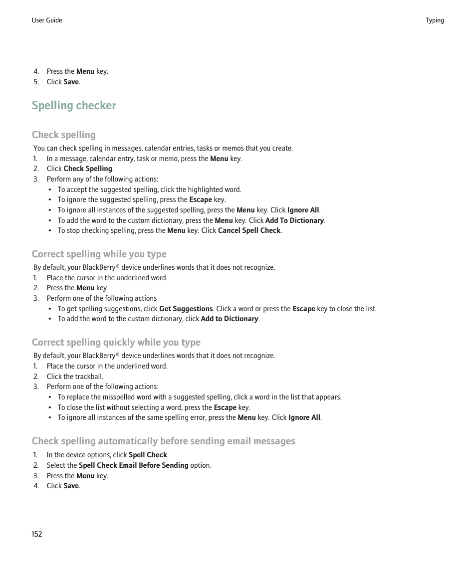 Spelling checker, Check spelling, Correct spelling while you type | Correct spelling quickly while you type | Blackberry Pearl 8220 User Manual | Page 154 / 277