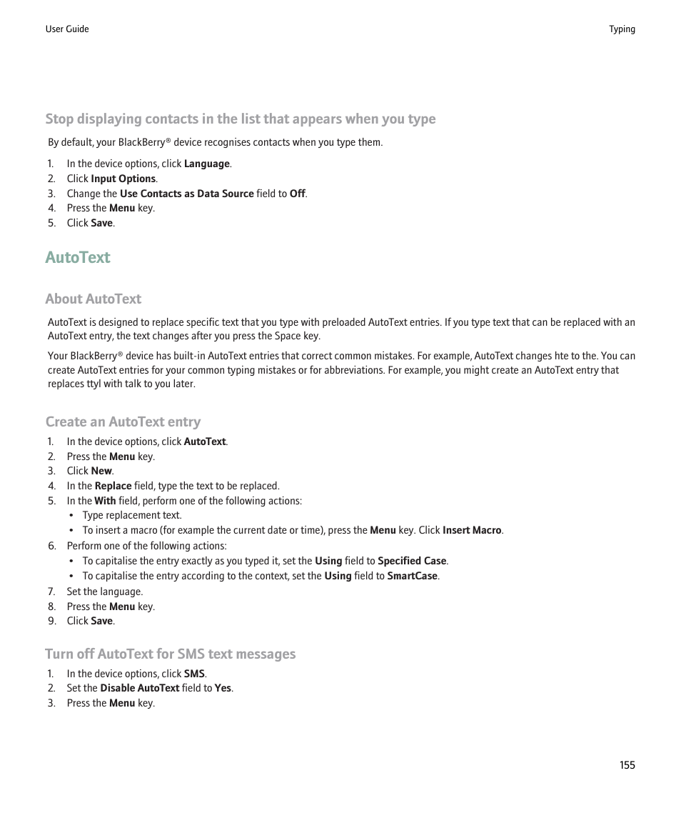 Autotext, About autotext, Create an autotext entry | Turn off autotext for sms text messages | Blackberry Pearl 8220 User Manual | Page 157 / 277