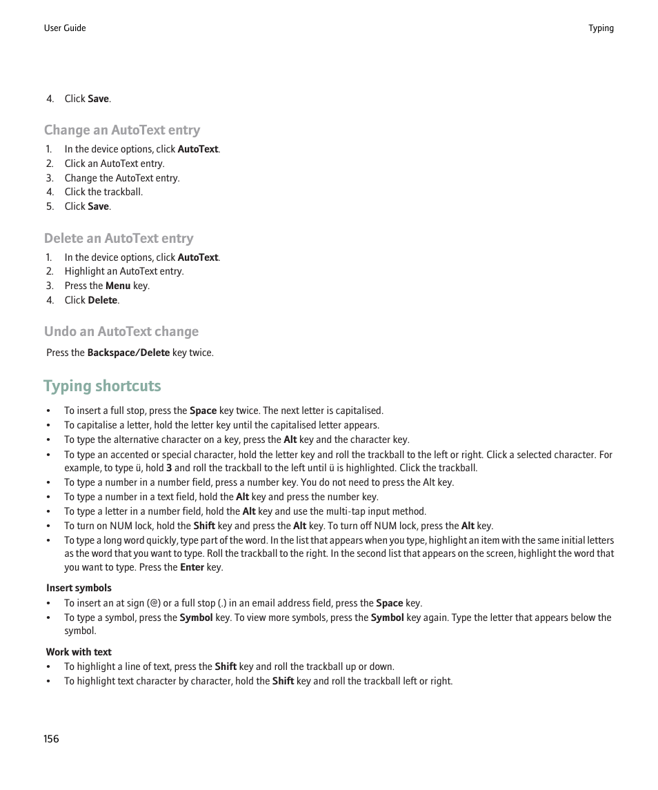 Typing shortcuts, Change an autotext entry, Delete an autotext entry | Undo an autotext change | Blackberry Pearl 8220 User Manual | Page 158 / 277