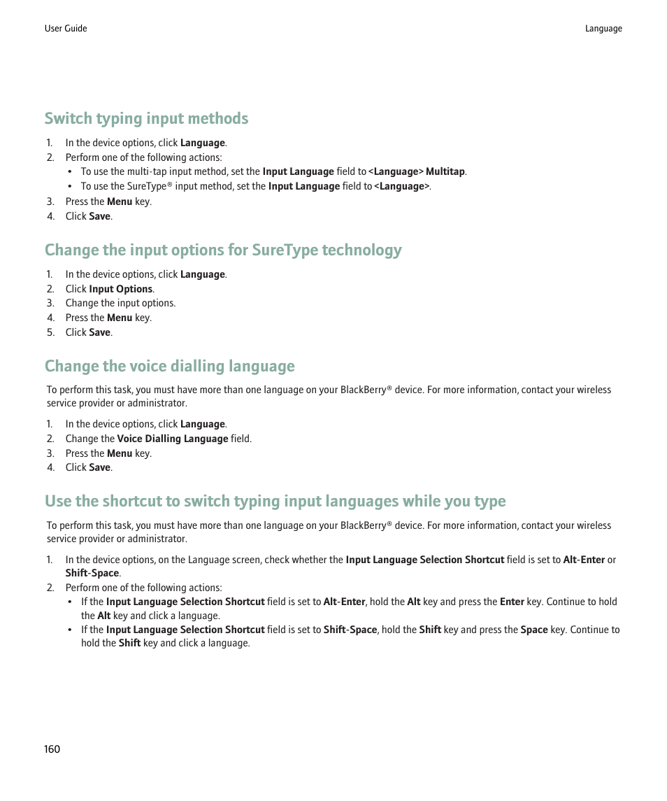 Switch typing input methods, Change the input options for suretype technology, Change the voice dialling language | Blackberry Pearl 8220 User Manual | Page 162 / 277