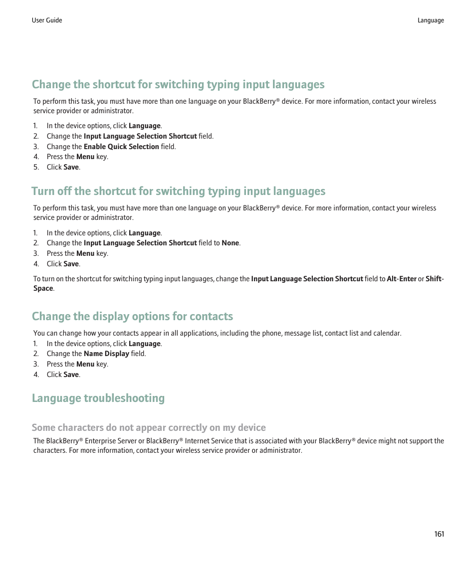 Change the display options for contacts, Language troubleshooting | Blackberry Pearl 8220 User Manual | Page 163 / 277