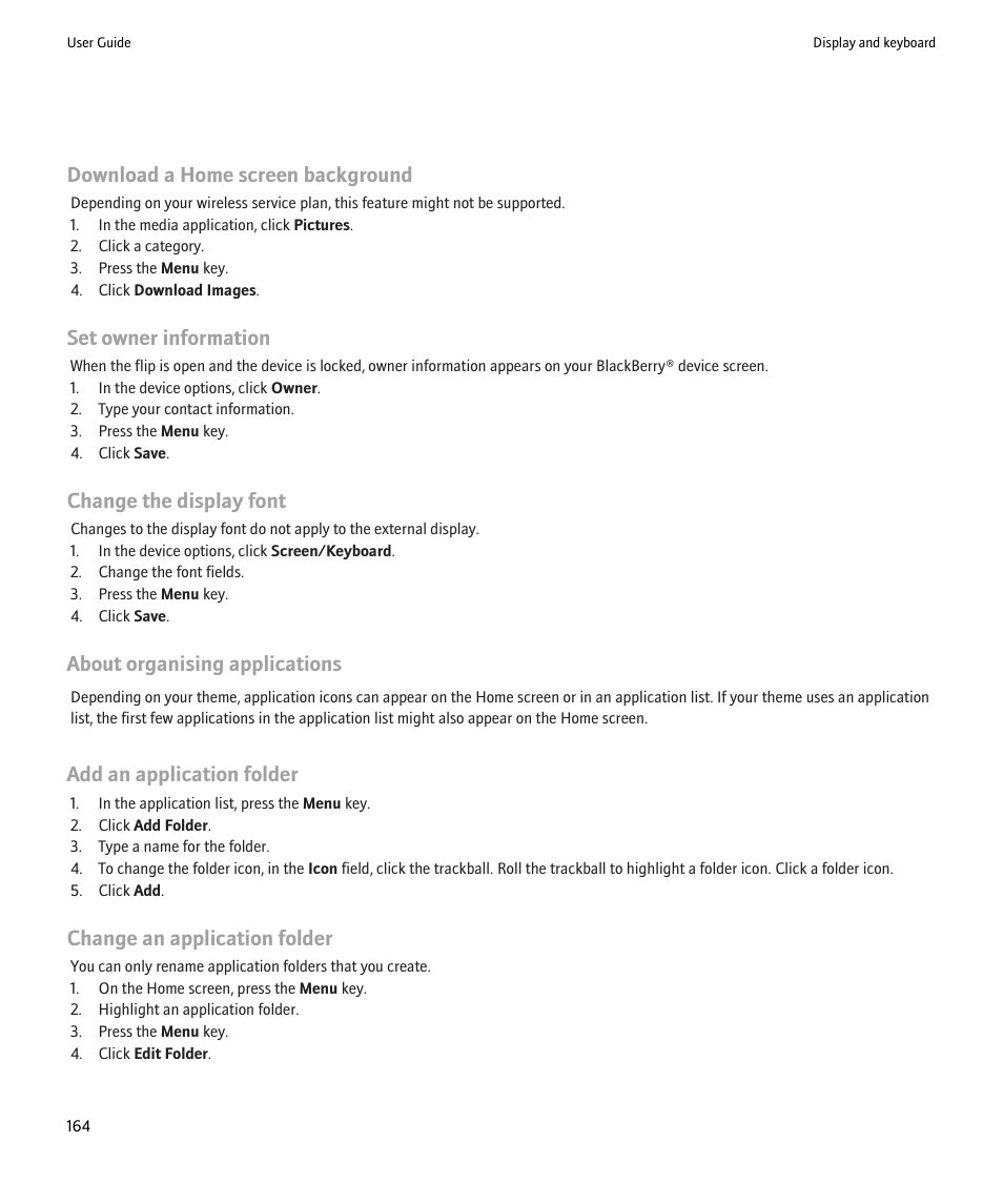 Download a home screen background, Set owner information, Change the display font | About organising applications, Add an application folder, Change an application folder | Blackberry Pearl 8220 User Manual | Page 166 / 277