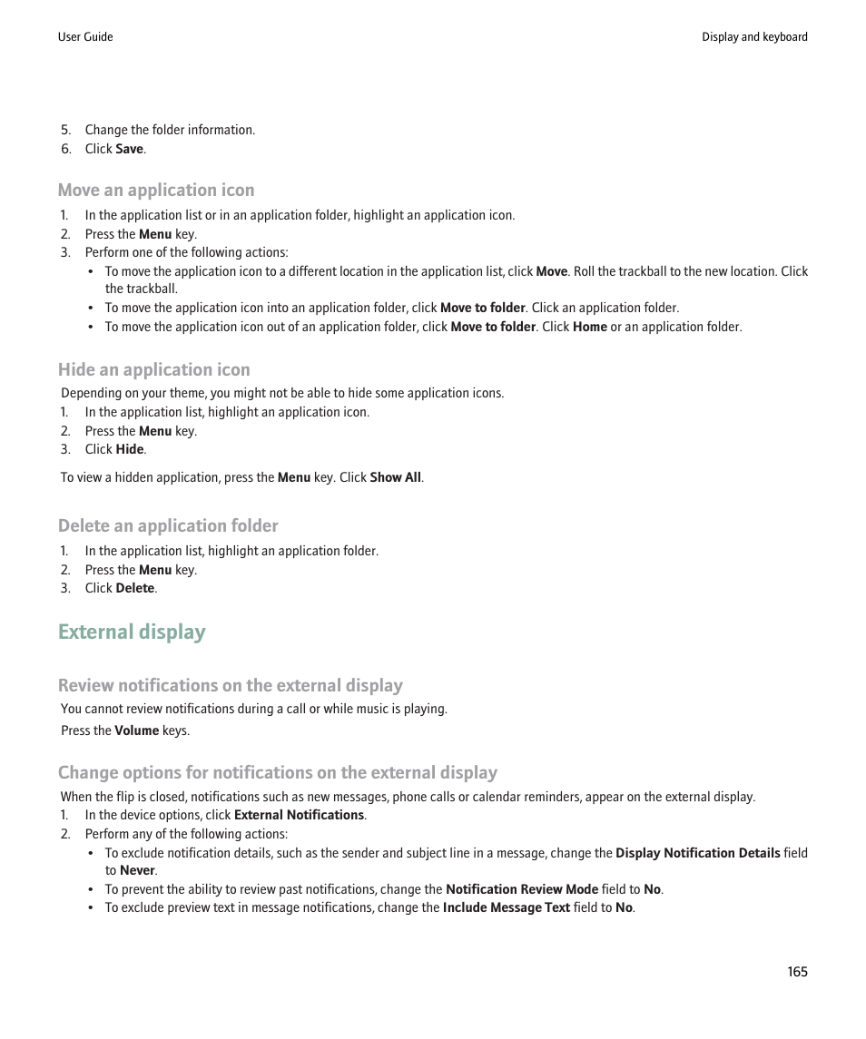 External display, Move an application icon, Hide an application icon | Delete an application folder, Review notifications on the external display | Blackberry Pearl 8220 User Manual | Page 167 / 277