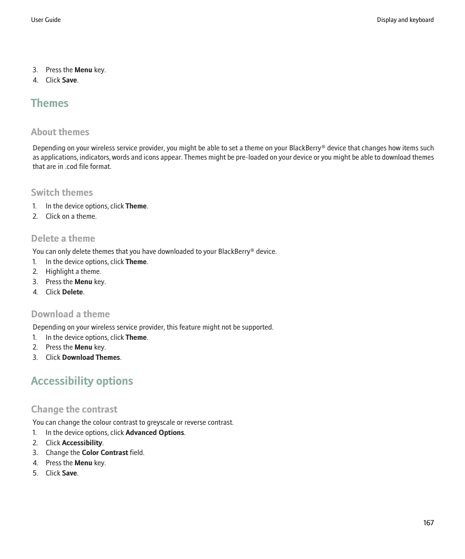 Themes, Accessibility options, About themes | Switch themes, Delete a theme, Download a theme, Change the contrast | Blackberry Pearl 8220 User Manual | Page 169 / 277