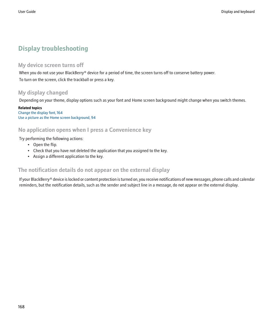 Display troubleshooting, My device screen turns off, My display changed | Blackberry Pearl 8220 User Manual | Page 170 / 277