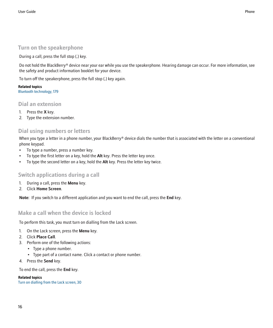 Turn on the speakerphone, Dial an extension, Dial using numbers or letters | Switch applications during a call, Make a call when the device is locked | Blackberry Pearl 8220 User Manual | Page 18 / 277