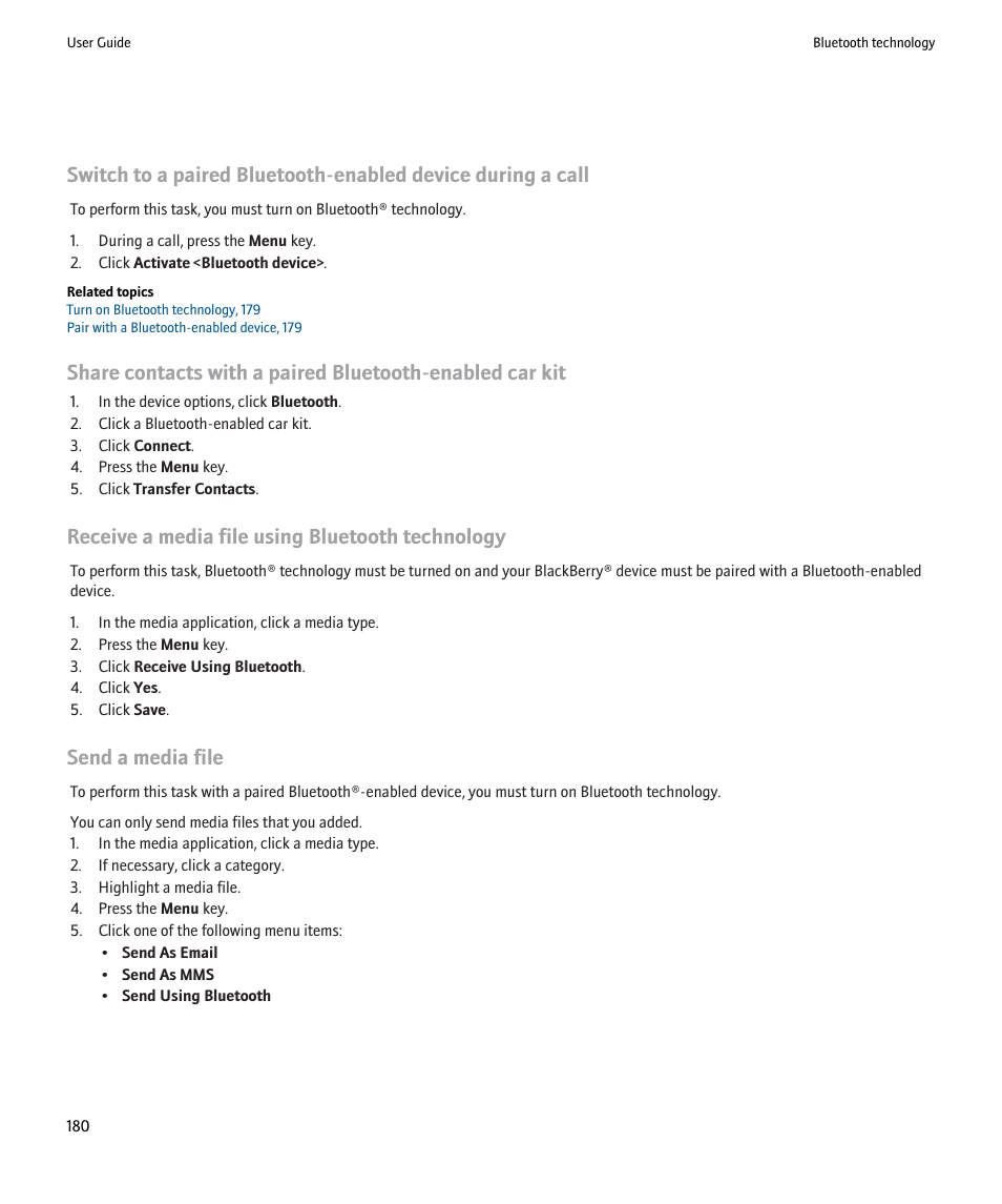 Receive a media file using bluetooth technology, Send a media file | Blackberry Pearl 8220 User Manual | Page 182 / 277