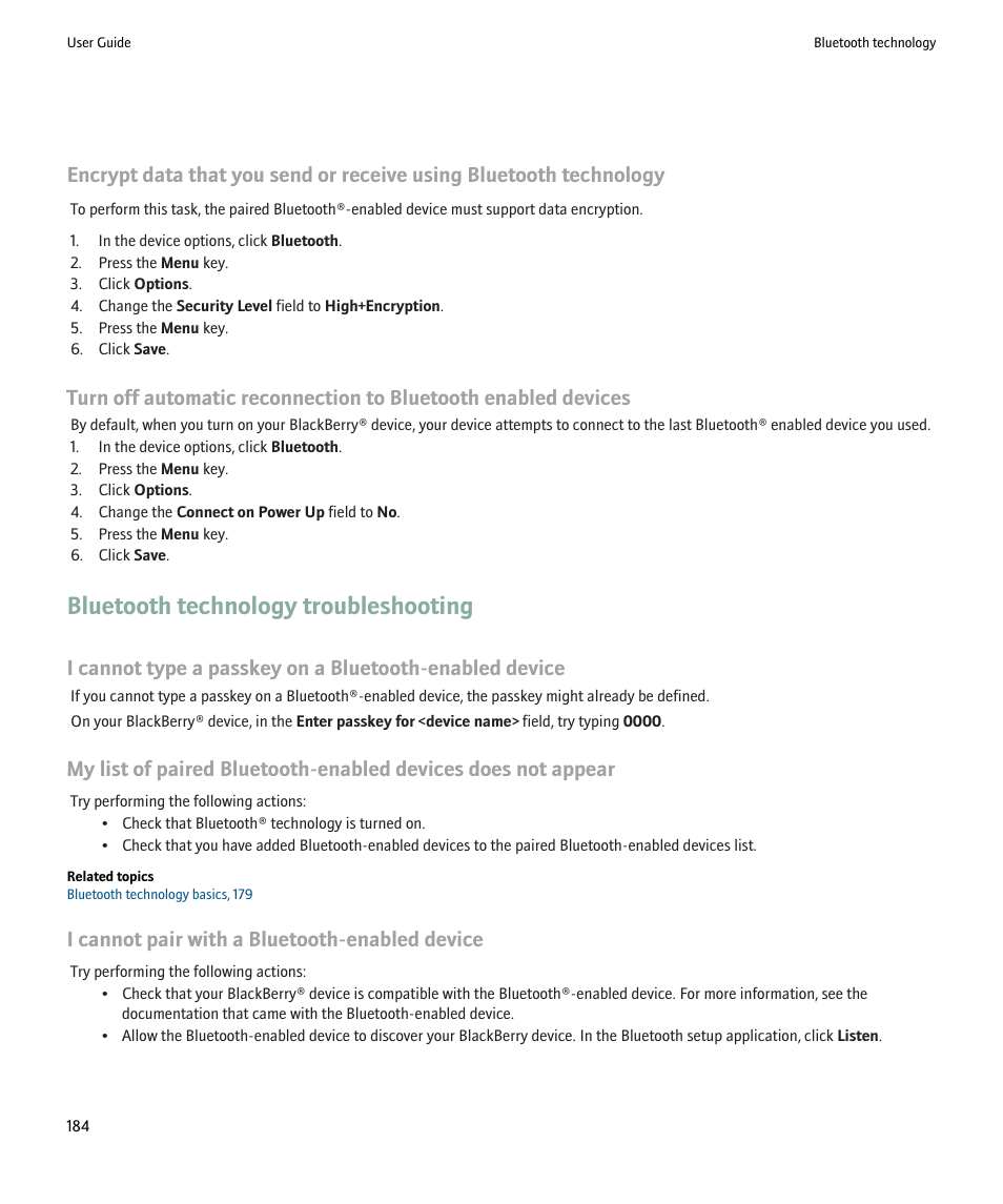 Bluetooth technology troubleshooting, I cannot pair with a bluetooth-enabled device | Blackberry Pearl 8220 User Manual | Page 186 / 277