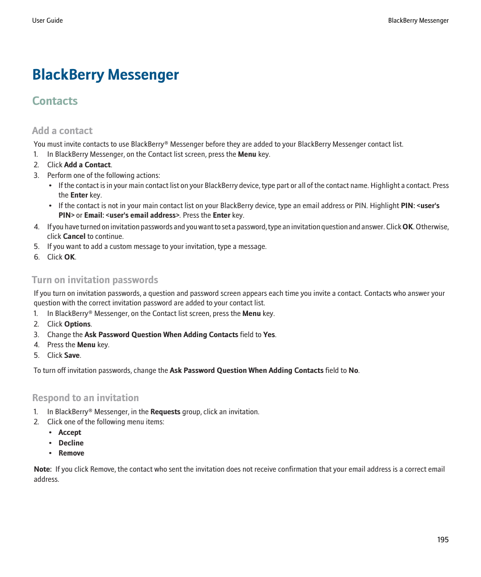 Blackberry messenger, Contacts, Add a contact | Turn on invitation passwords, Respond to an invitation | Blackberry Pearl 8220 User Manual | Page 197 / 277