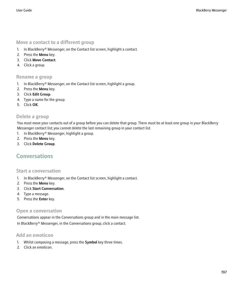 Conversations, Move a contact to a different group, Rename a group | Delete a group, Start a conversation, Open a conversation, Add an emoticon | Blackberry Pearl 8220 User Manual | Page 199 / 277