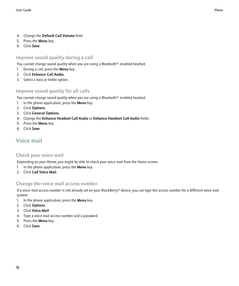Voice mail, Improve sound quality during a call, Improve sound quality for all calls | Check your voice mail, Change the voice mail access number | Blackberry Pearl 8220 User Manual | Page 20 / 277