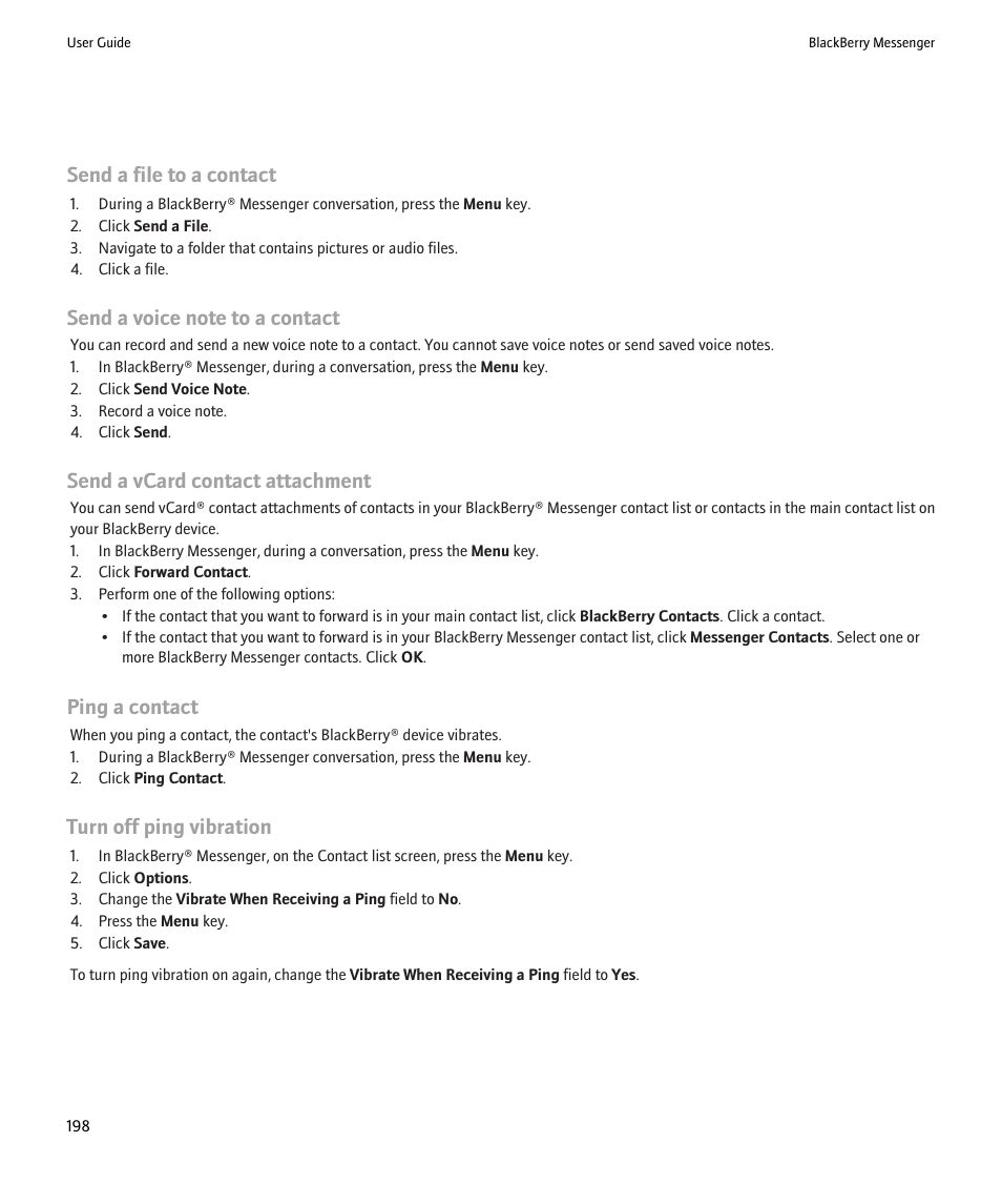 Send a file to a contact, Send a vcard contact attachment, Ping a contact | Turn off ping vibration | Blackberry Pearl 8220 User Manual | Page 200 / 277