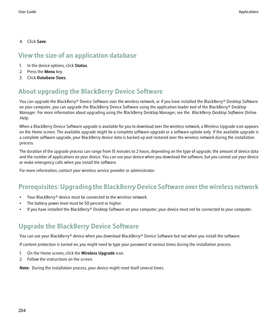 View the size of an application database, About upgrading the blackberry device software, Upgrade the blackberry device software | Blackberry Pearl 8220 User Manual | Page 206 / 277