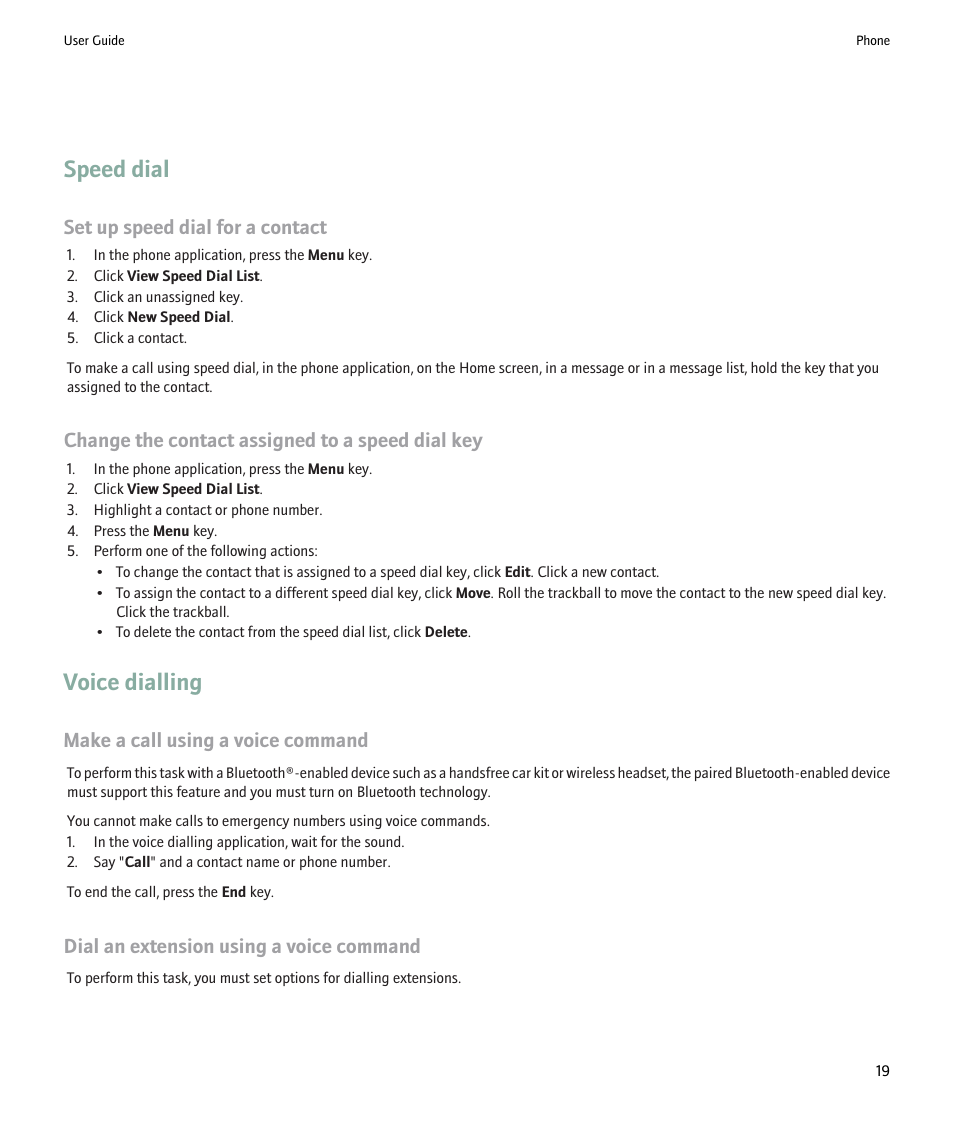 Speed dial, Voice dialling, Set up speed dial for a contact | Change the contact assigned to a speed dial key, Make a call using a voice command, Dial an extension using a voice command | Blackberry Pearl 8220 User Manual | Page 21 / 277