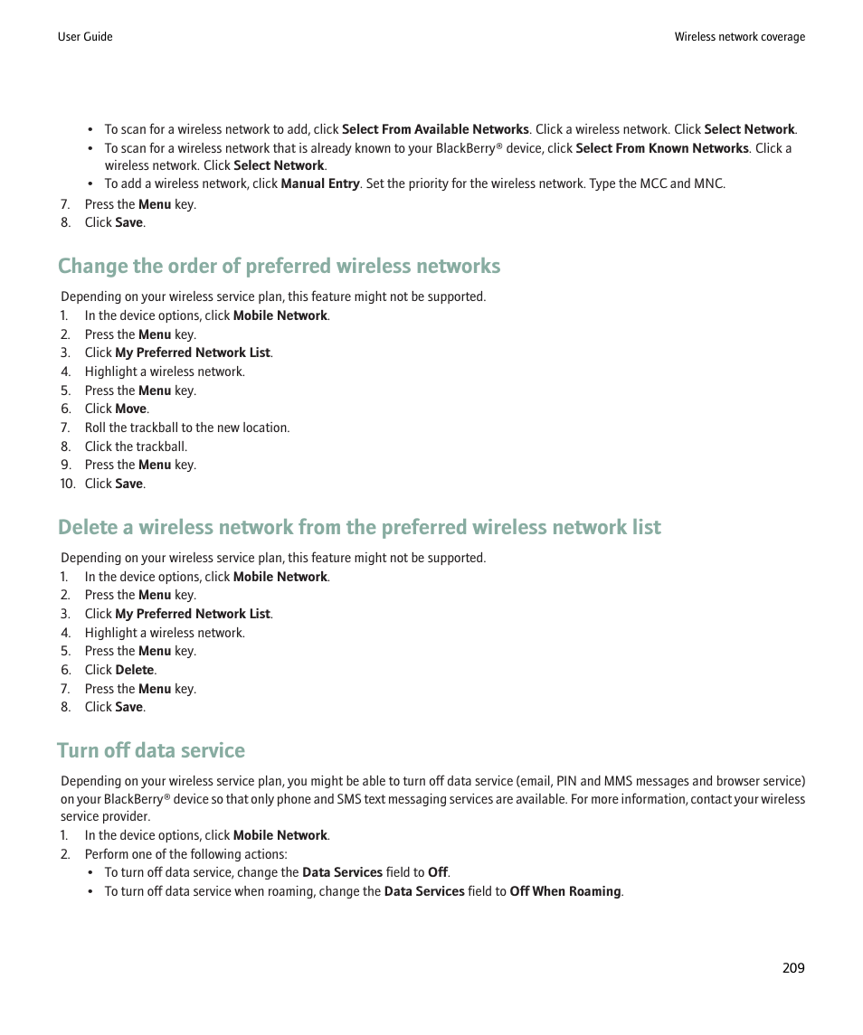 Change the order of preferred wireless networks, Turn off data service, Turn off data service, 209 | Blackberry Pearl 8220 User Manual | Page 211 / 277