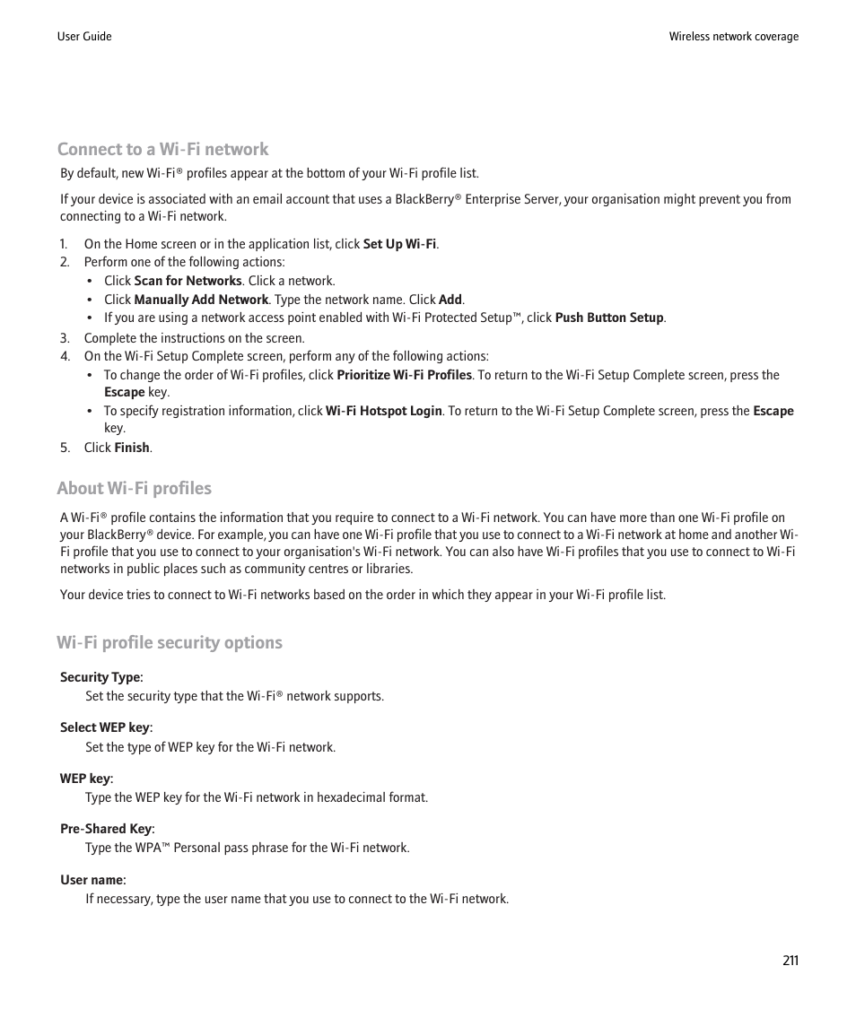 Connect to a wi-fi network, About wi-fi profiles, Wi-fi profile security options | Blackberry Pearl 8220 User Manual | Page 213 / 277