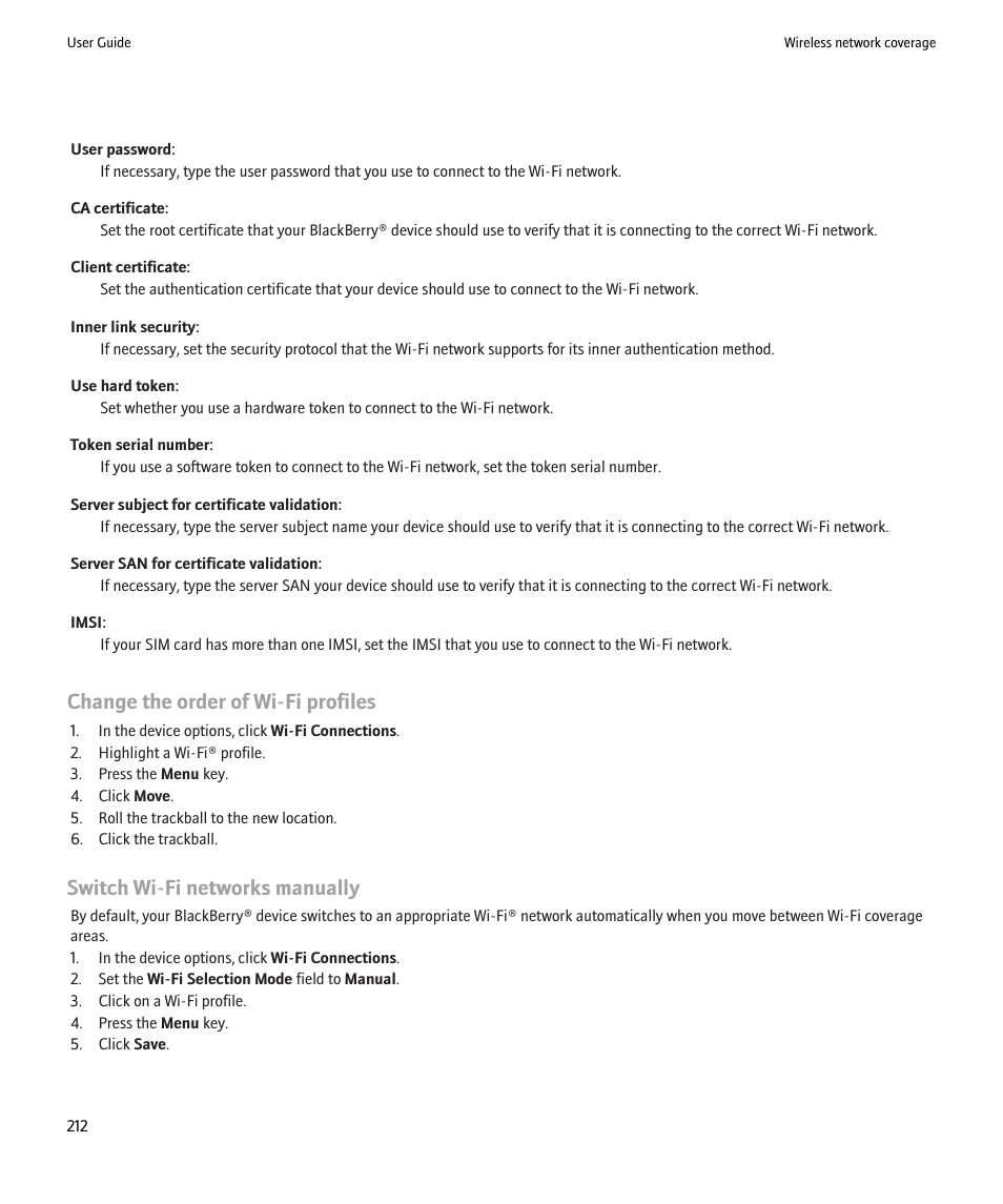 Change the order of wi-fi profiles, Switch wi-fi networks manually | Blackberry Pearl 8220 User Manual | Page 214 / 277
