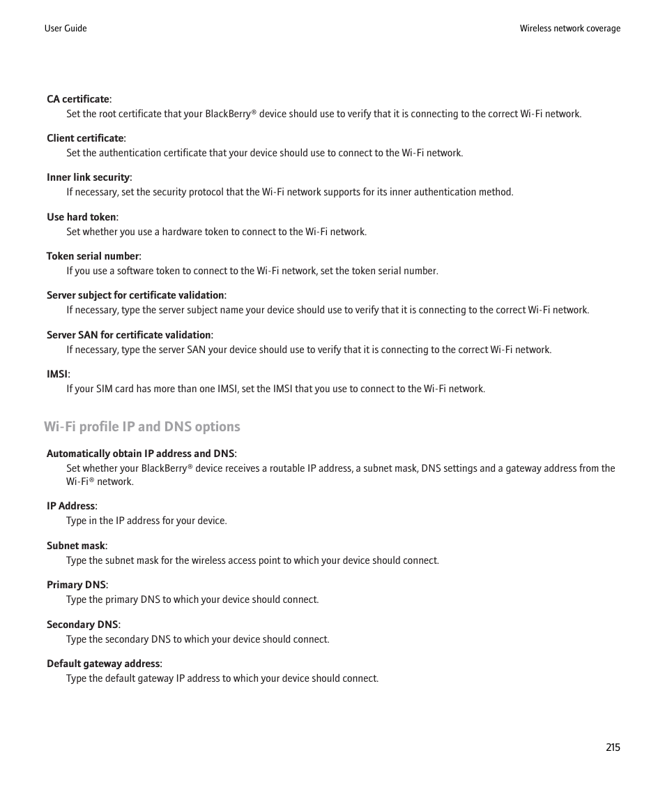 Wi-fi profile ip and dns options | Blackberry Pearl 8220 User Manual | Page 217 / 277