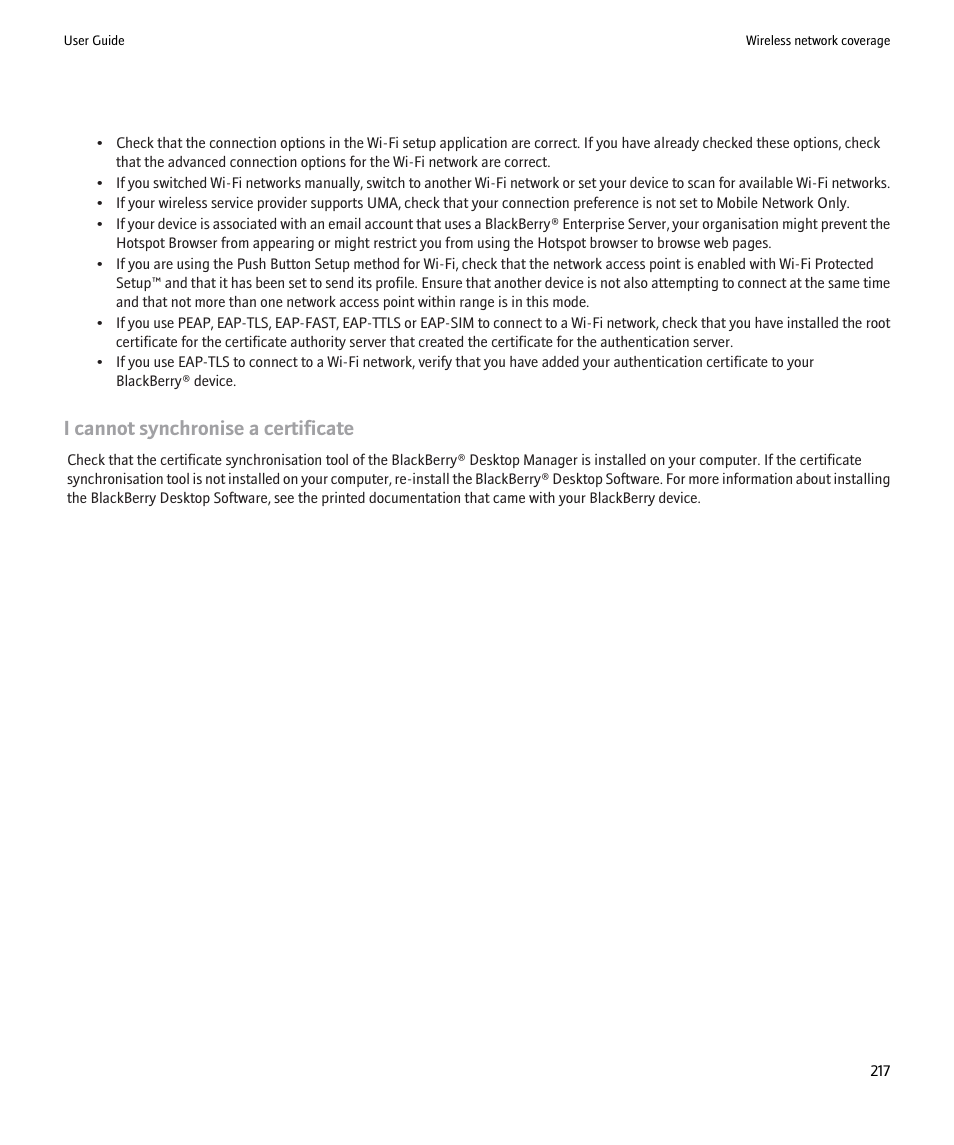 I cannot synchronise a certificate | Blackberry Pearl 8220 User Manual | Page 219 / 277