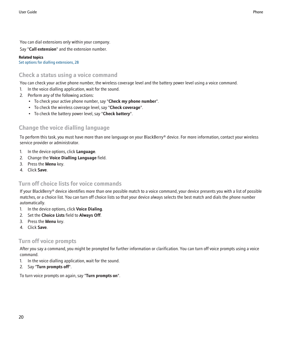 Change the voice dialling language, Check a status using a voice command, Turn off choice lists for voice commands | Turn off voice prompts | Blackberry Pearl 8220 User Manual | Page 22 / 277