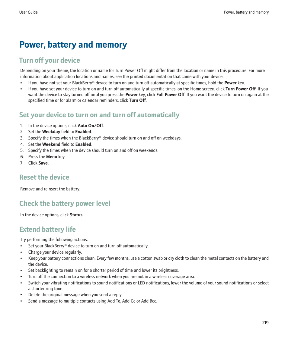 Power, battery and memory, Turn off your device, Reset the device | Check the battery power level, Extend battery life | Blackberry Pearl 8220 User Manual | Page 221 / 277