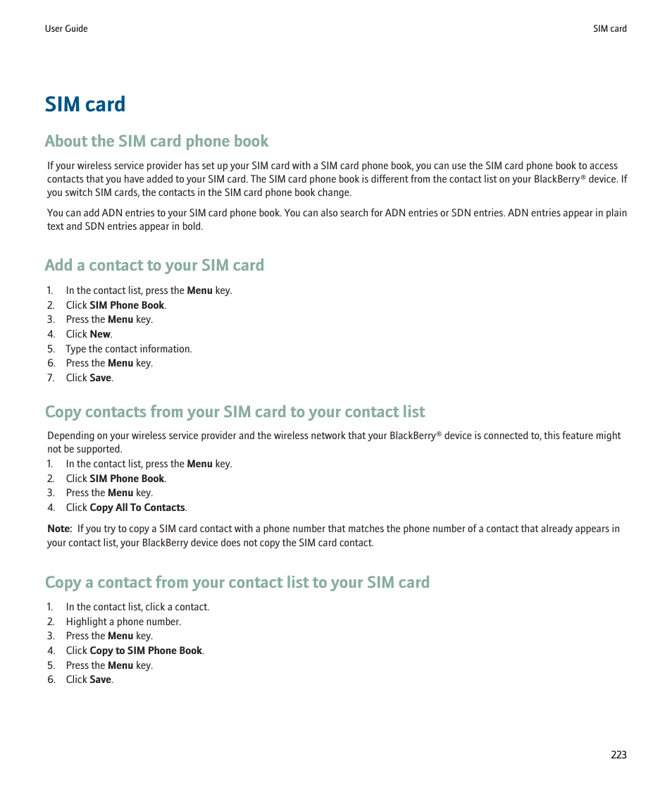 Sim card, About the sim card phone book, Add a contact to your sim card | Blackberry Pearl 8220 User Manual | Page 225 / 277