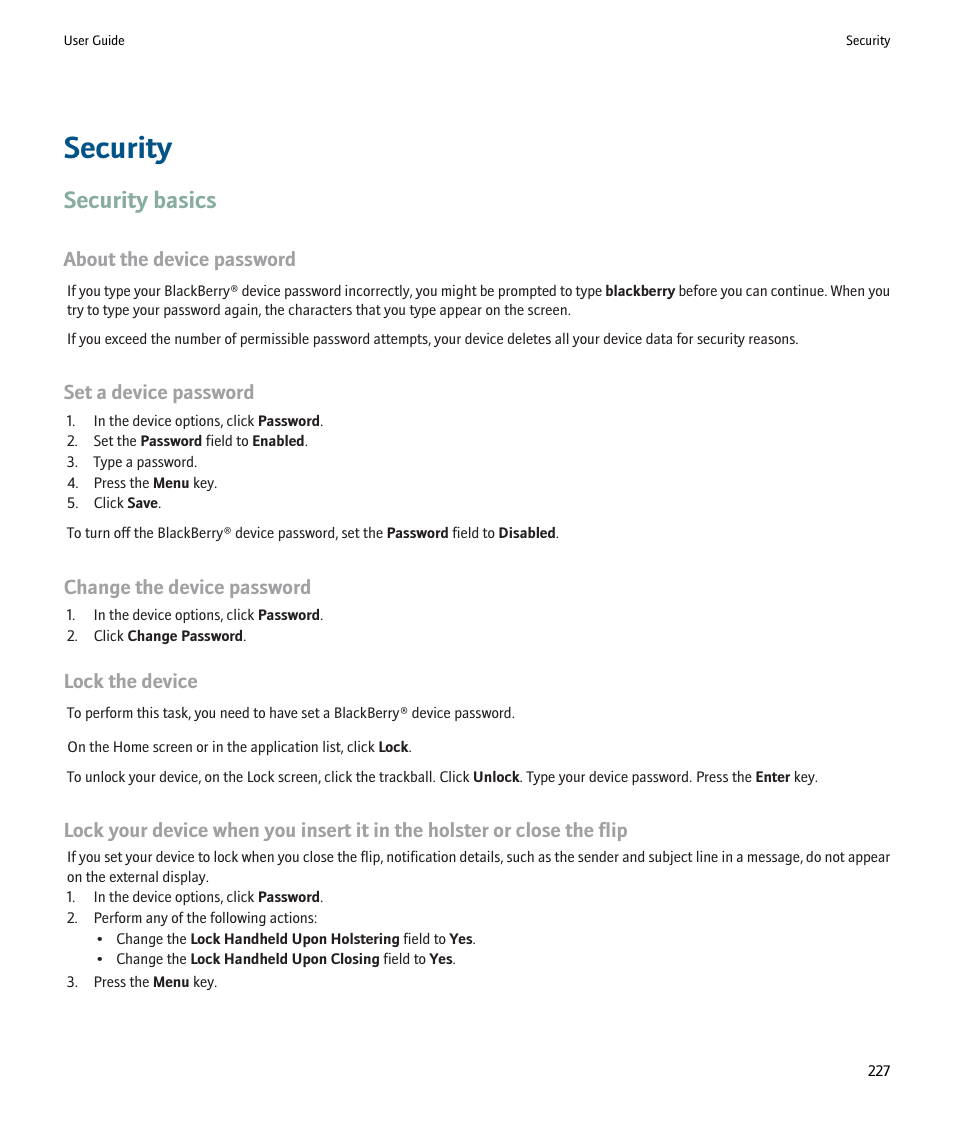 Security, Security basics, Lock the device, 227 | About the device password, Set a device password, Change the device password, Lock the device | Blackberry Pearl 8220 User Manual | Page 229 / 277